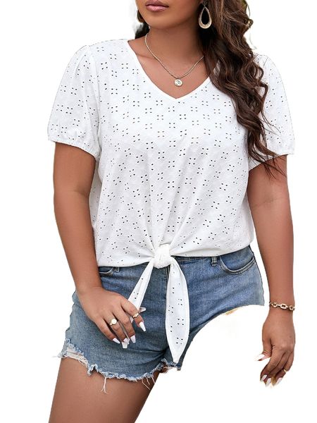 

plus puff sleeve knot hem schiffy tee u86i#, Black