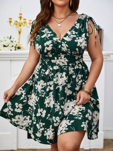 

plus floral print shirred back drawstring shoulder dress b5jm#, Black