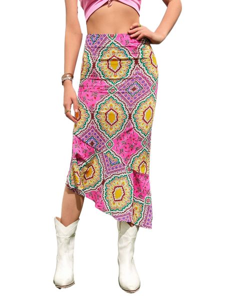 

mandala print ruffle asymmetrical hem skirt p5fw#, Black