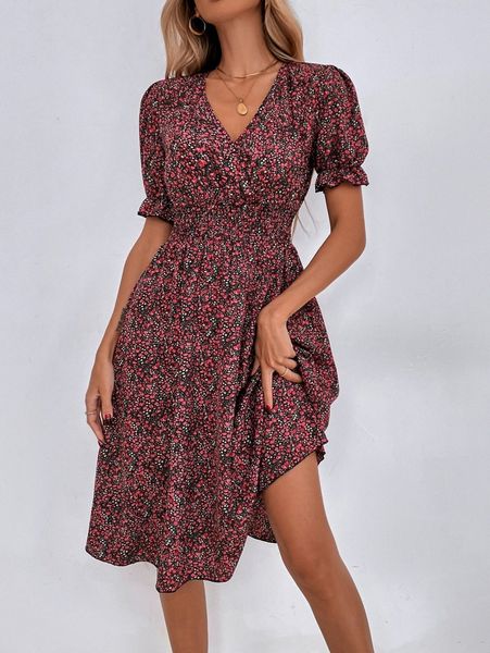 

ditsy floral puff sleeve shirred waist dress a6sc#, Black;gray