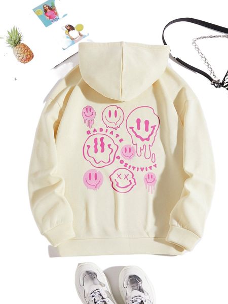 

letter & cartoon face print drawstring thermal lined hoodie s4hz#, Black