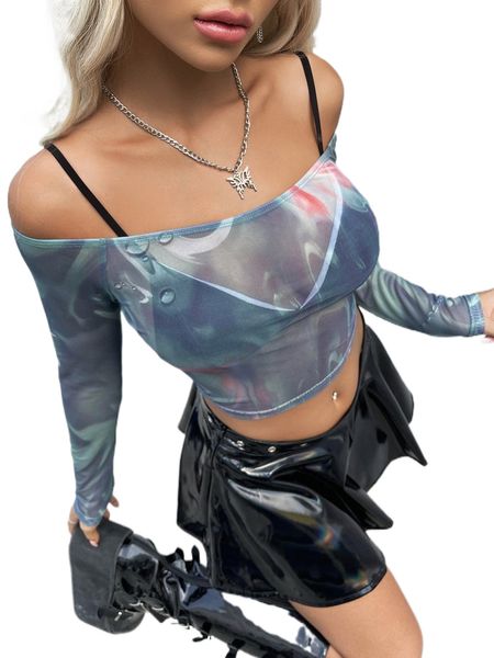 

graphic print off shoulder crop mesh without bra r9ya#, White