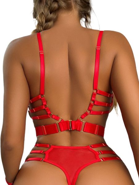 

o-ring strap detail teddy bodysuit & wristband 78m5#, Black;red