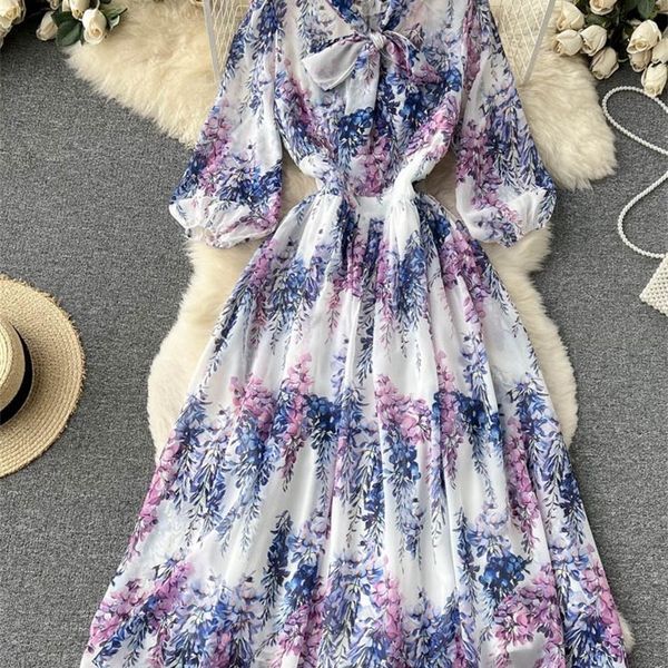 

summer vacation runway flowy chiffon dres bow tie lantern sleeve floral print elegant ladies midi party vestidos 220516, Black;gray