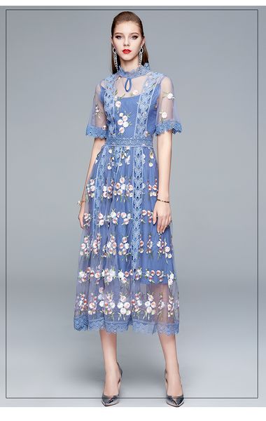 

summer runway embroidery mesh dress robe women's stand collar flare sleeve floral lace long dress vestido mujer verano 2022, Black;gray