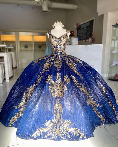 İndigo mavi altın quinceanera elbise 2023 ışıltı payetler kabarık prenses vestidos de 15 anos bask tatlı 16 elbise uzun balo elbisesi kayışları bağcıklı balkon