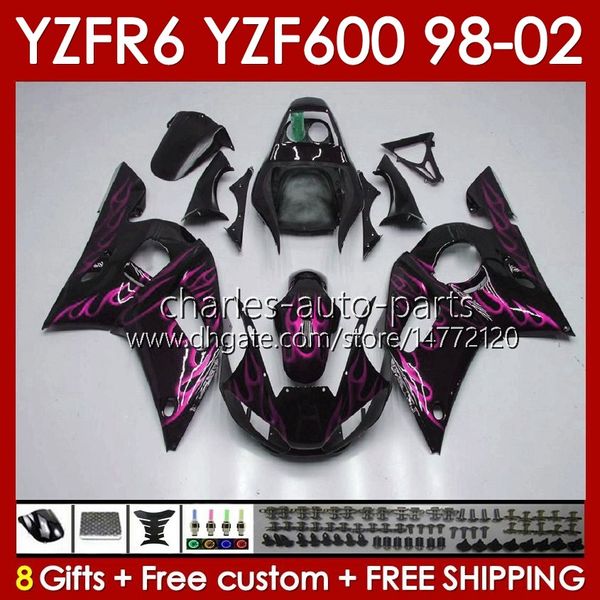 Yamaha için Fairings Kit 600 CC YZF-600 YZF R6 R 6 98-02 Vücut 145No.162 YZF600 600cc Cowling YZF-R6 1999 2000 2001 2002 YZFR6 98 99 00 01 02 OEM vücutta güllü gül Flames Blk