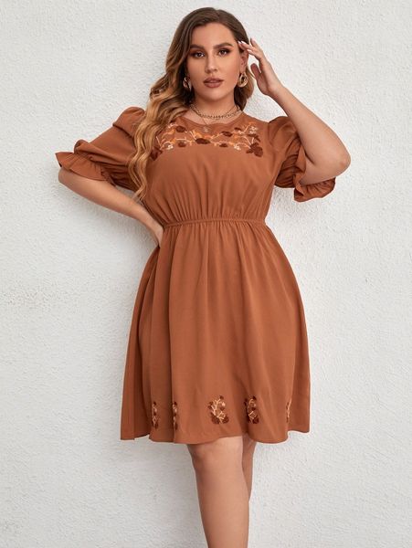 

plus floral embroidery puff sleeve dress 17ek#, Black