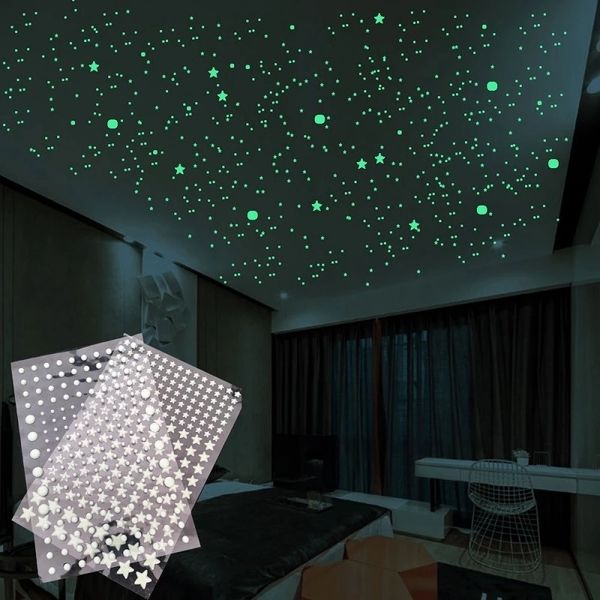 Leuchtende 3D-Wandaufkleber mit Sternen und Punkten für Kinderzimmer, Schlafzimmer, Heimdekoration, im Dunkeln leuchtender Mondaufkleber, fluoreszierende DIY-Aufkleber 220716