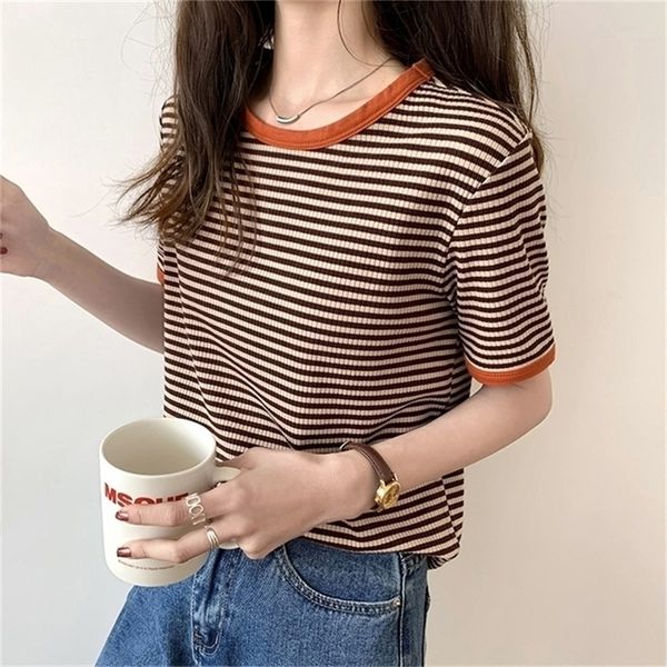 

vintage japan plus size o neck short sleeve contrast striped tshirt summer bottom clothing fashion wild tees cotton 220408, White