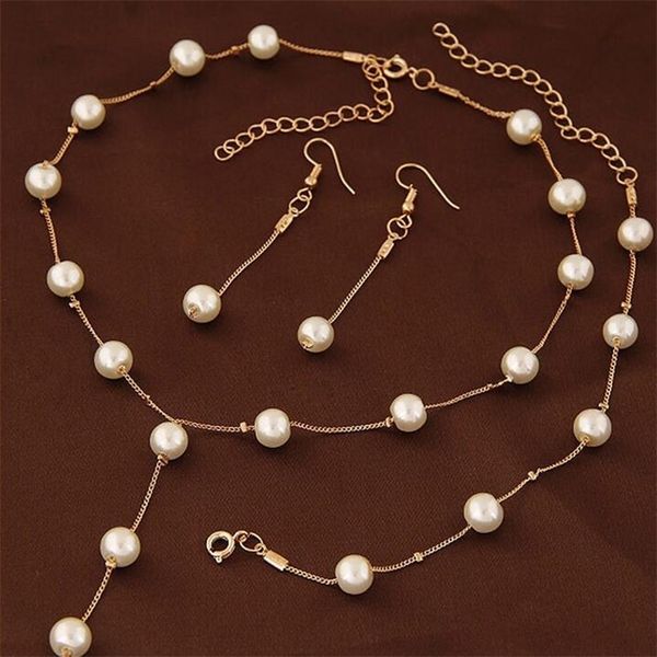 

wedding jewelry imitation pearl simple necklace set matching bracelet earring for women engagement party accessories 220716, Silver