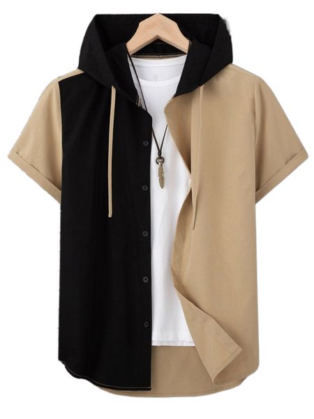 

men 1pc colorblock drawstring hooded shirt h2wm#, White;black