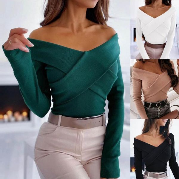 

women's sweaters women knitted solid color cross autumn winter v neck long sleeve off shoulder shirt blouse women's clothing stree, White;black