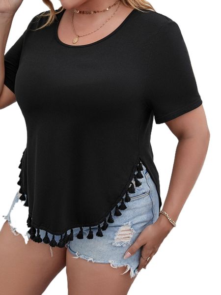 

plus tassel trim curved hem tee t5gn#, Black