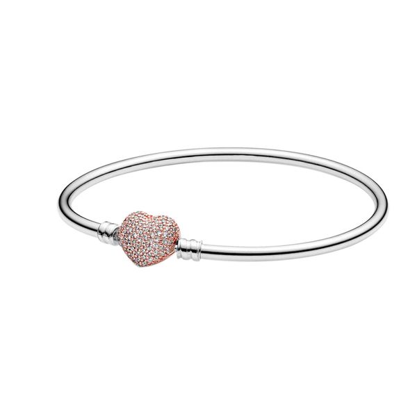 Gül Altın Kaplama Aşk Kalp Tokalı Bileklik Bileklik 925 STERLING Gümüş CZ Diamond Womens Düğün Tasarımcısı Mücevher Pandora Takımları için Orijinal Hediye Kutusu