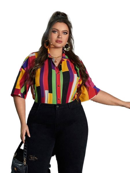 

plus geo print shirt i9ra#, Black