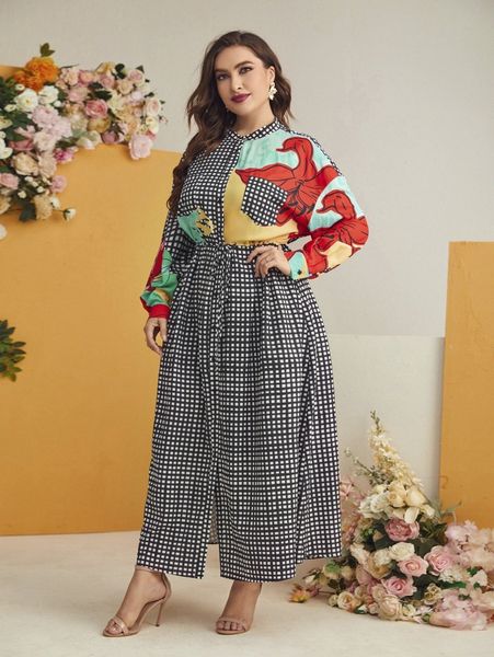 

plus mock neck floral & plaid print dress u5f6#, Black