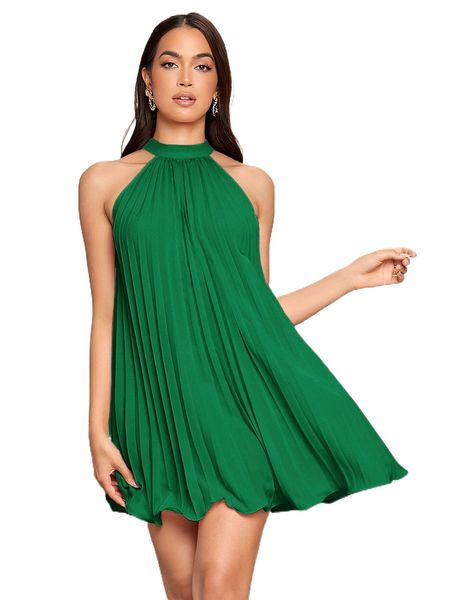 

tie back pleated halter dress g069#, Black;gray