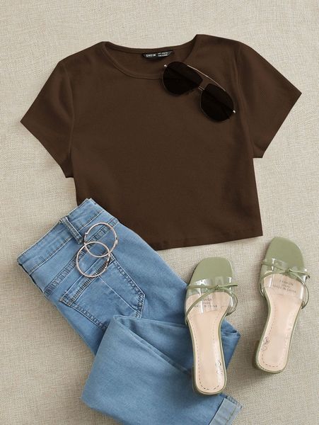 

solid rib knit crop tee w8bc#, White