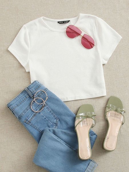 

solid rib-knit crop tee d7ud#, White