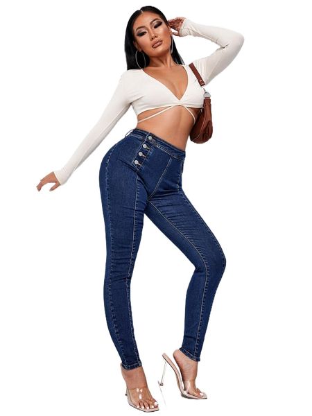 

sxy high waist button fly skinny jeans b3pq#, Blue