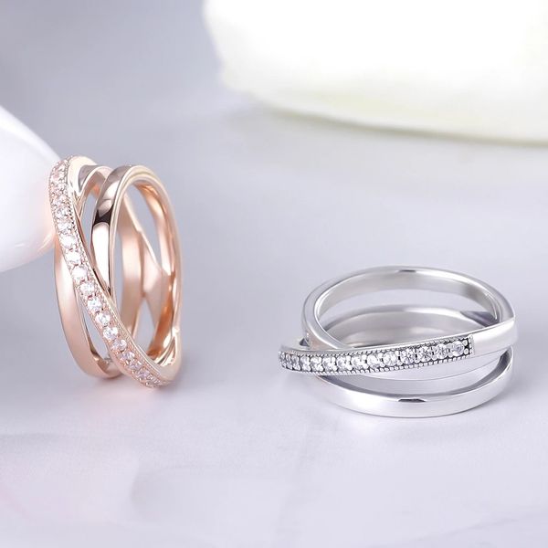 Autêntico 925 Sterling Silver Ring Crossover Pavé Triple Band Rings para mulheres anel de noivado de casamento Banela de jóias fine