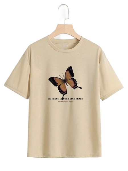 

slogan & butterfly print tee j1ff#, White