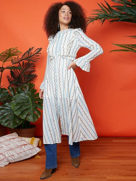

x penelope ping plants embroidered ruffle trim shirt dress 98nb#, Black;gray