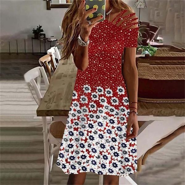 

womens floral print lace-up diagonal short sleeve dress fashion hollow out pullover a-line vestidos, Black;gray