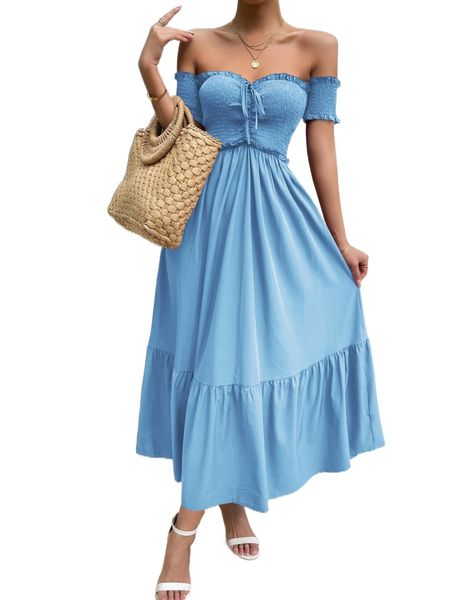 

off shoulder shirred bodice ruffle hem dress q8j8#, Black;gray