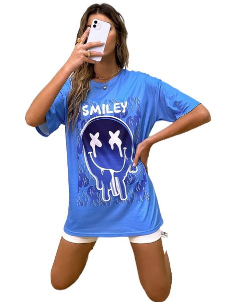 

cartoon & letter graphic drop shoulder tee k7xx#, White
