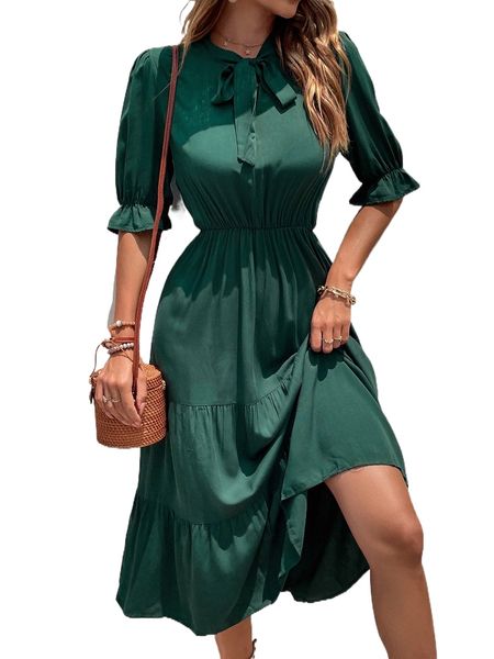 

tie neck flounce sleeve ruffle hem a-line dress 35ta#, Black;gray