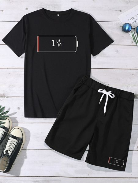 

men letter graphic tee & drawstring waist shorts 73dk#, Gray