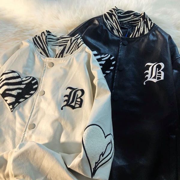 Männer Jacken Hip Hop Varsity Jacke PU Leder Frauen Männer Zebra Print Liebe Design Baseball Uniform Lose Herbst/Winter Unisex mantel PunkMen's