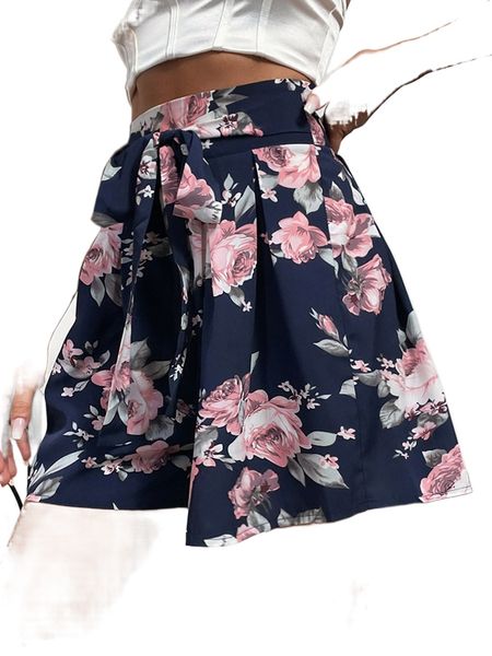 

floral print fold pleated belted shorts a8md#, White;black
