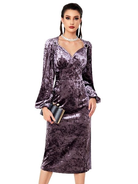 

rhinestone lantern sleeve split thigh velvet dress b5el#, Black;gray