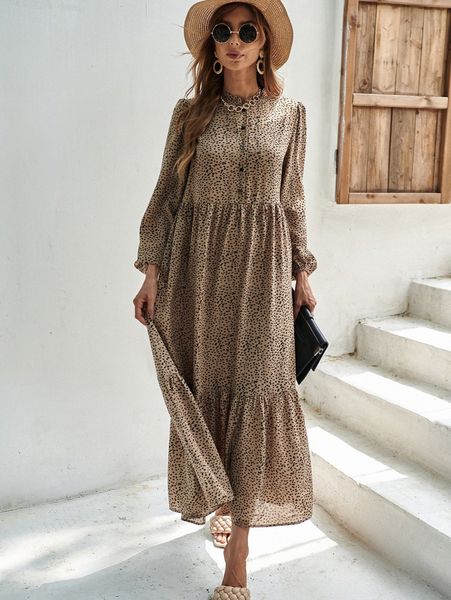 

dalmatian print lantern sleeve ruffle hem dress 66vl#, Black;gray