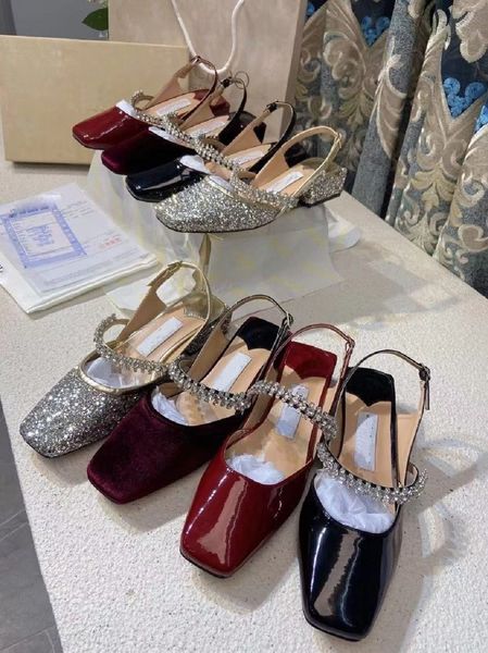 

[originals box] summer chunky heel bing sandals leather black white crystal strap embellishment comfort working wedding dress party style