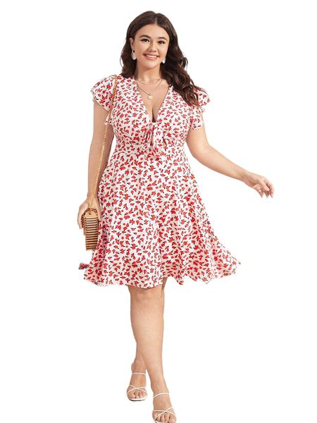 

plus ditsy floral butterfly sleeve knot front dress w2ci#, Black