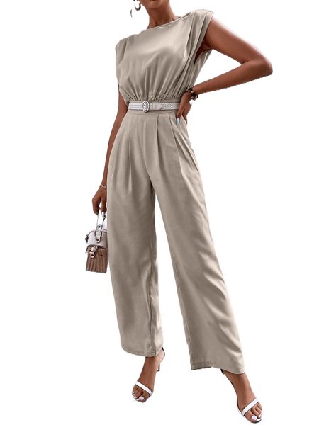 

shoulder pad fold pleated jumpsuit without belt f6pq#, Black;white