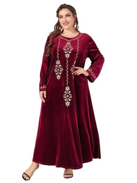 

plus floral embroidery velvet maxi dress p3r6#, Black