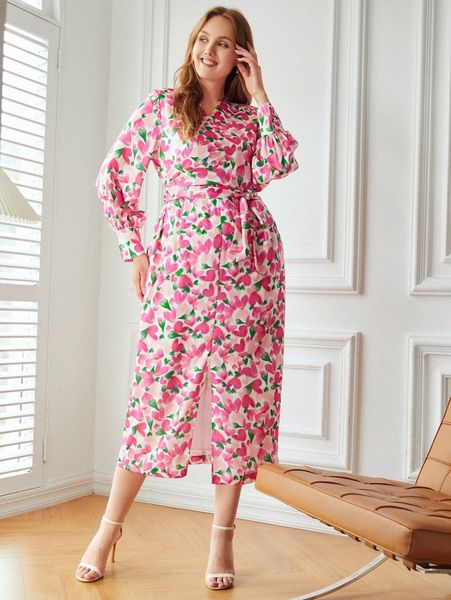 

plus heart printed belted dress v2wc#, Black