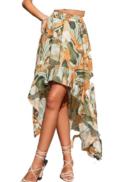 

tropical print ruffle high low hem skirt t1bb#, Black