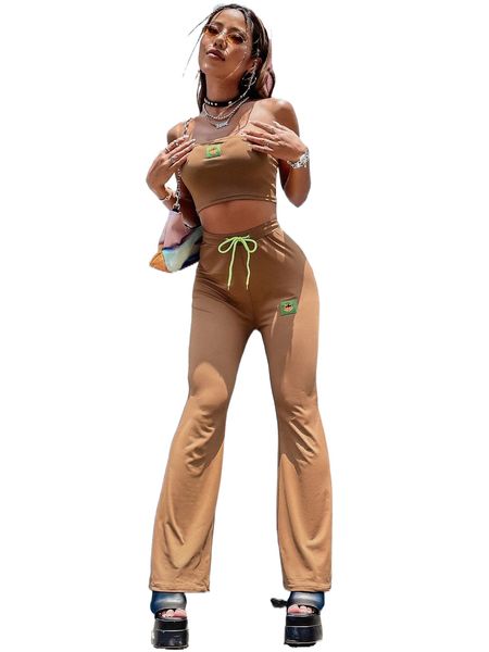 

patch detail tube & drawstring waist flare leg pants g6gm#, White