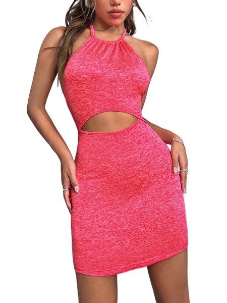 

cut out front tie backless halter dress q79t#, Black;gray