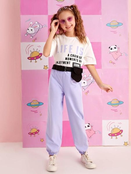 

girls slogan graphic drop shoulder tee & belted pants set she, White