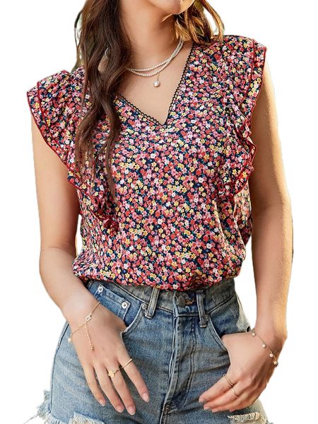 

ditsy floral lace ruffle trim sleeveless blouse a3i8#, White