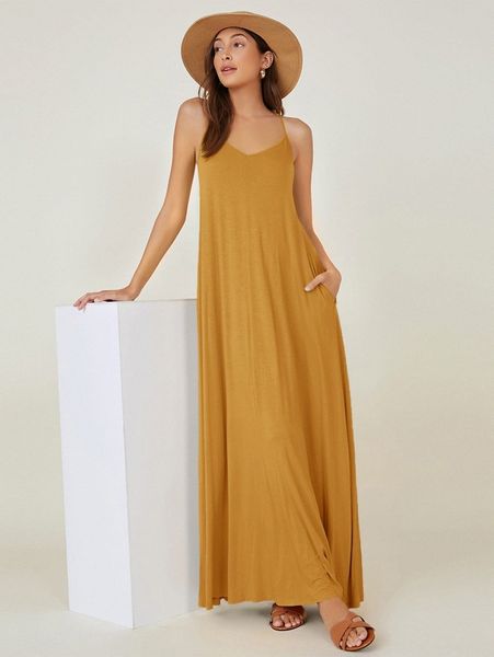 

pocket side solid cami dress 79en#, Black;gray