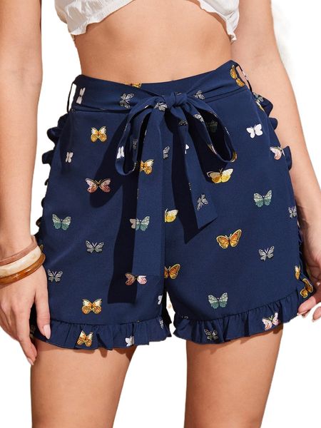 

butterfly print ruffle trim belted shorts x6fl#, White;black