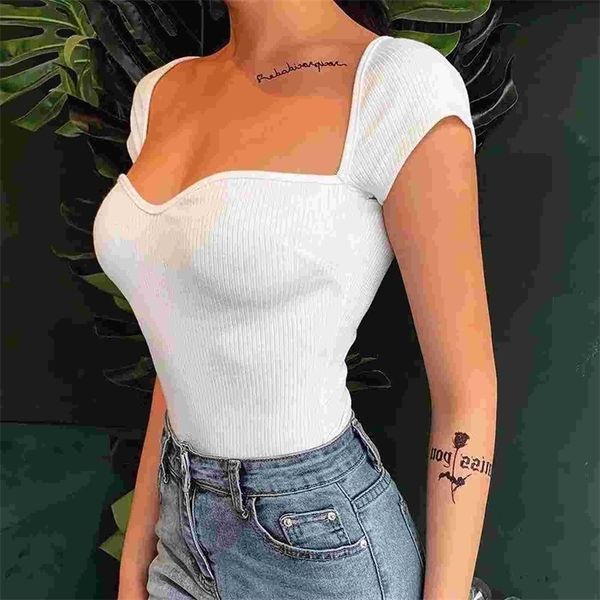 

summer womens tshirt korean style slim knitting tee solid color short sleeve tshirt female 220617, White
